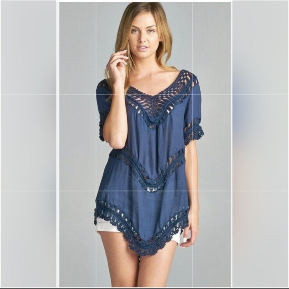 Jodifl Navy Blue Crochet Trim Boho Tunic Top Short Sleeve Handkerchief Hem Small